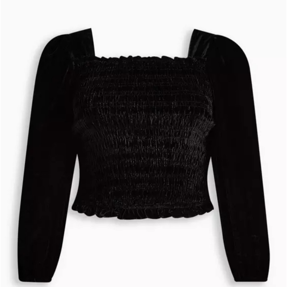 Torrid Black Velvet Smocked Crop Top Square Neck, Puff Sleeve R39